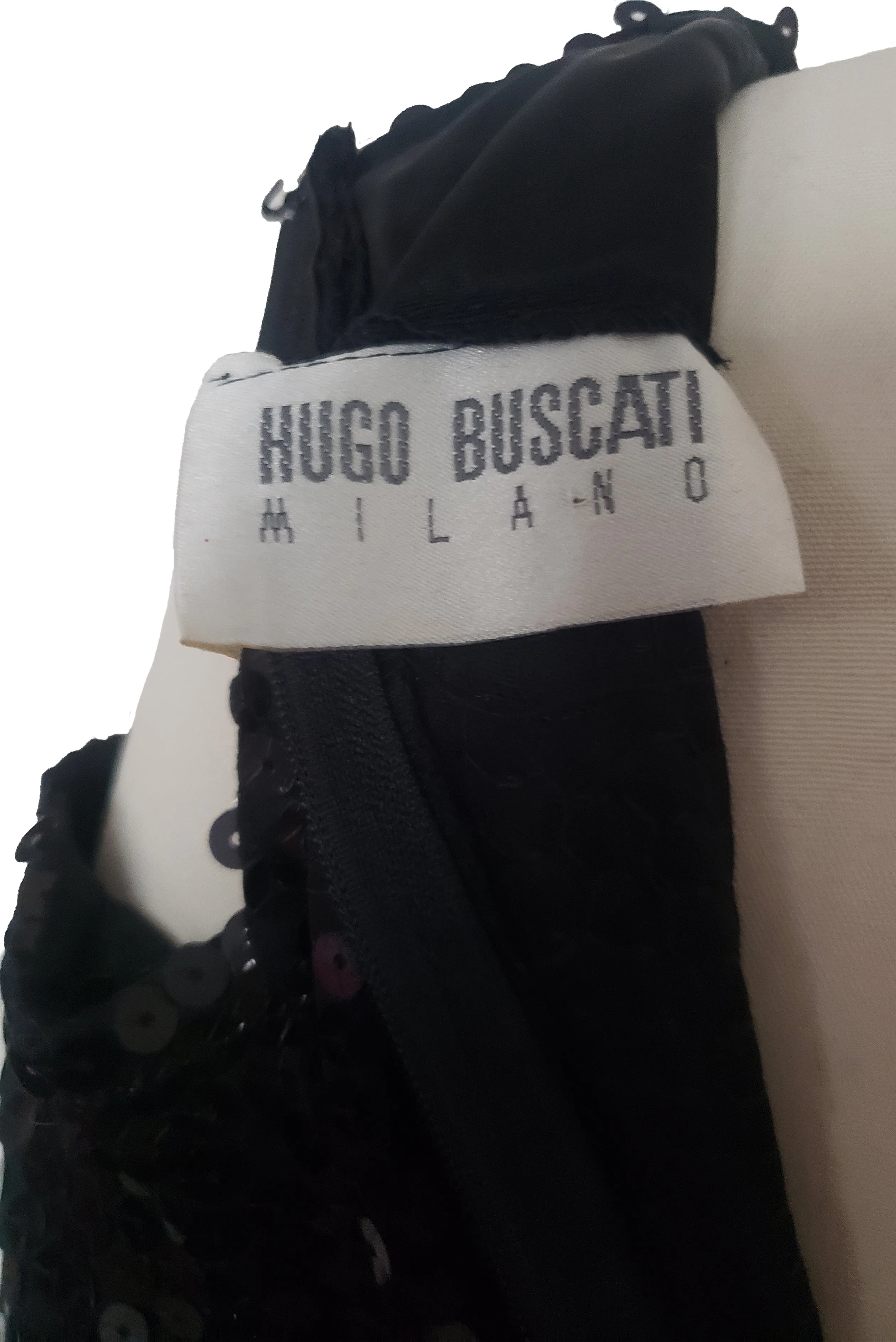 1990s Vintage Black Sequin Cold Shoulder Cocktail Dress by Hugo Buscati, Small to Medium