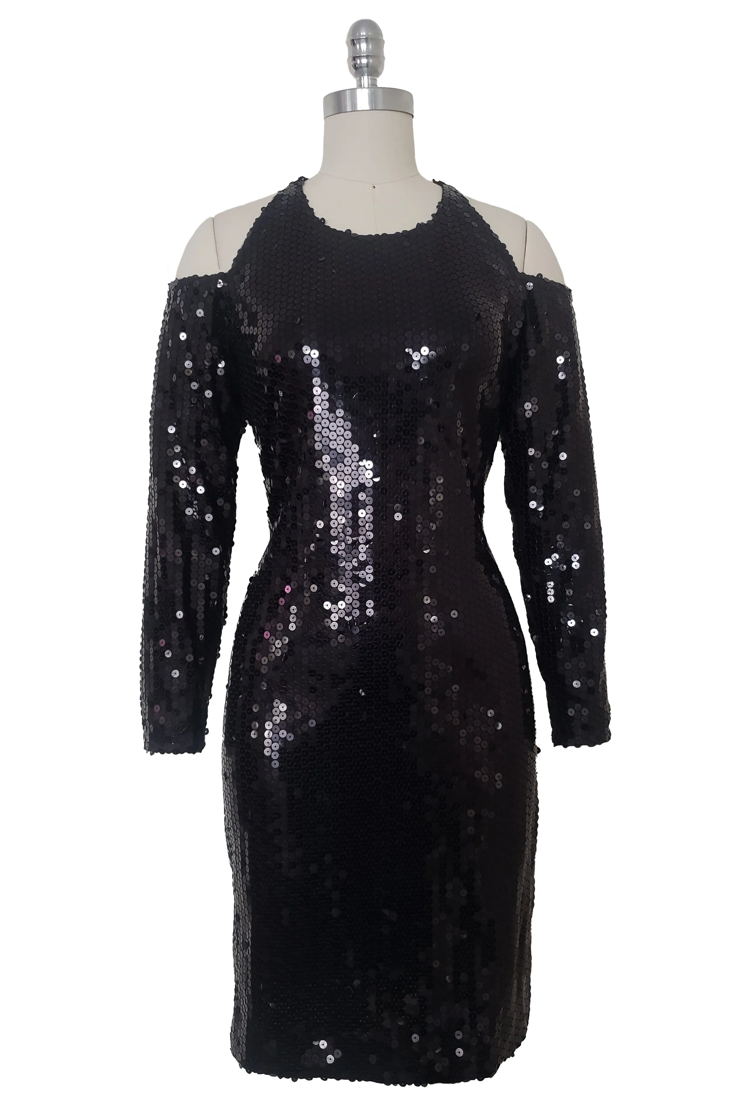 1990s Vintage Black Sequin Cold Shoulder Cocktail Dress by Hugo Buscati, Small to Medium