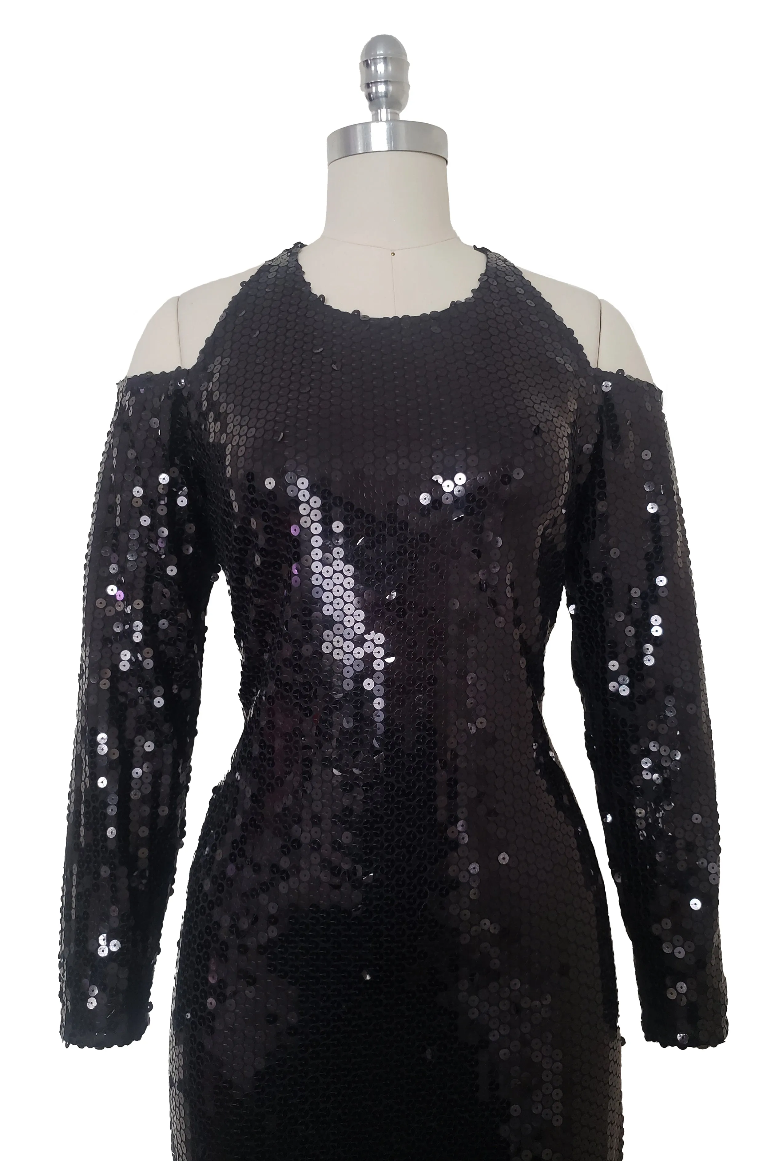 1990s Vintage Black Sequin Cold Shoulder Cocktail Dress by Hugo Buscati, Small to Medium