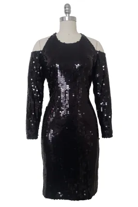 1990s Vintage Black Sequin Cold Shoulder Cocktail Dress by Hugo Buscati, Small to Medium