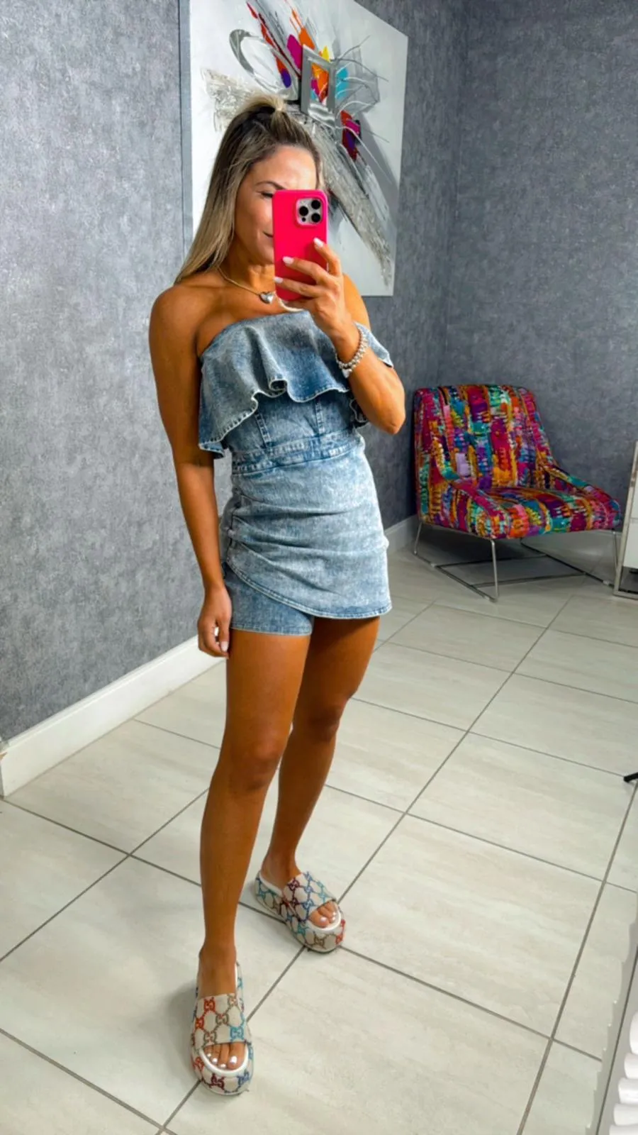 8218 Acid washed strapless denim romper