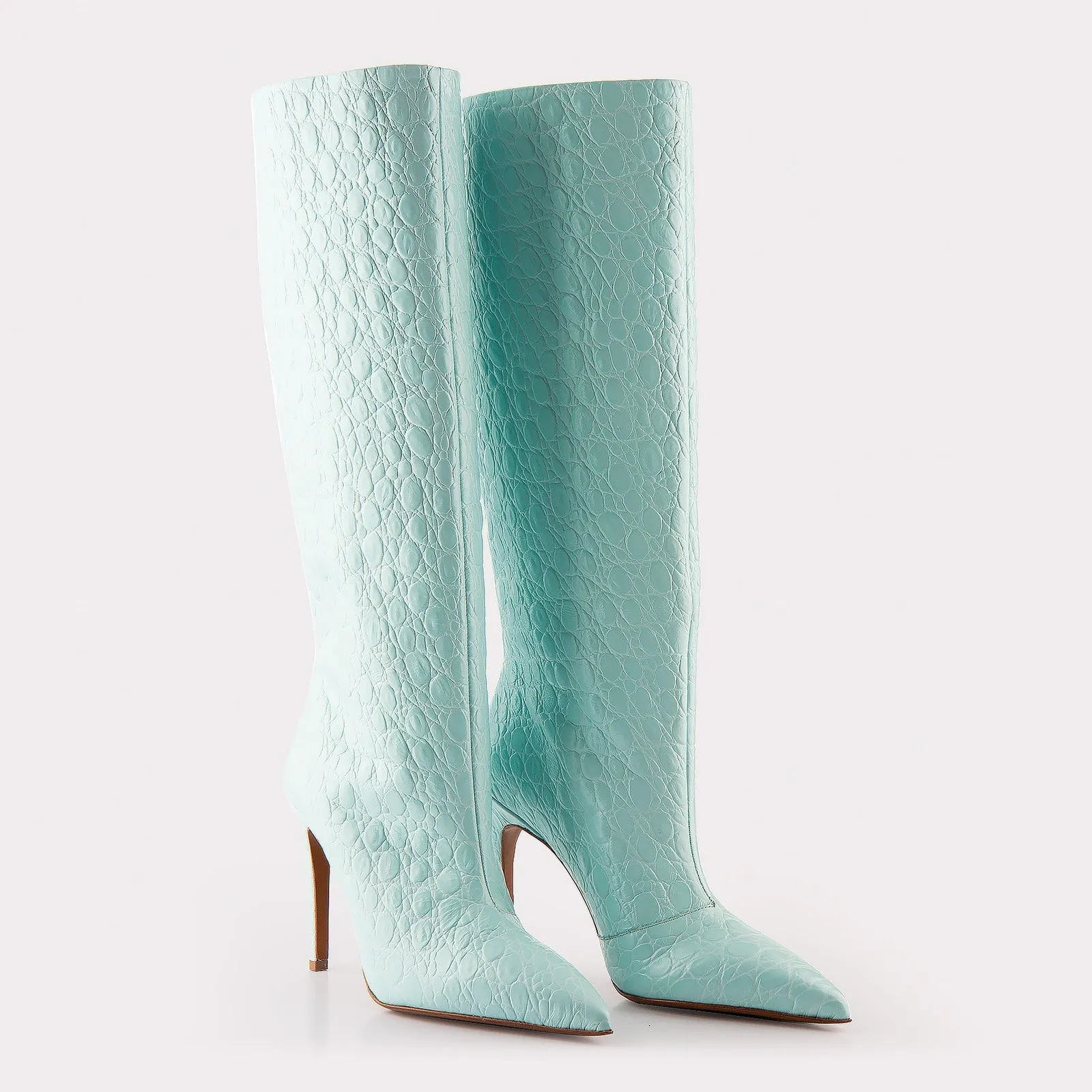 ANASTASIA 02 SKY BLUE CROCO EMBOSSED LEATHER BOOTS