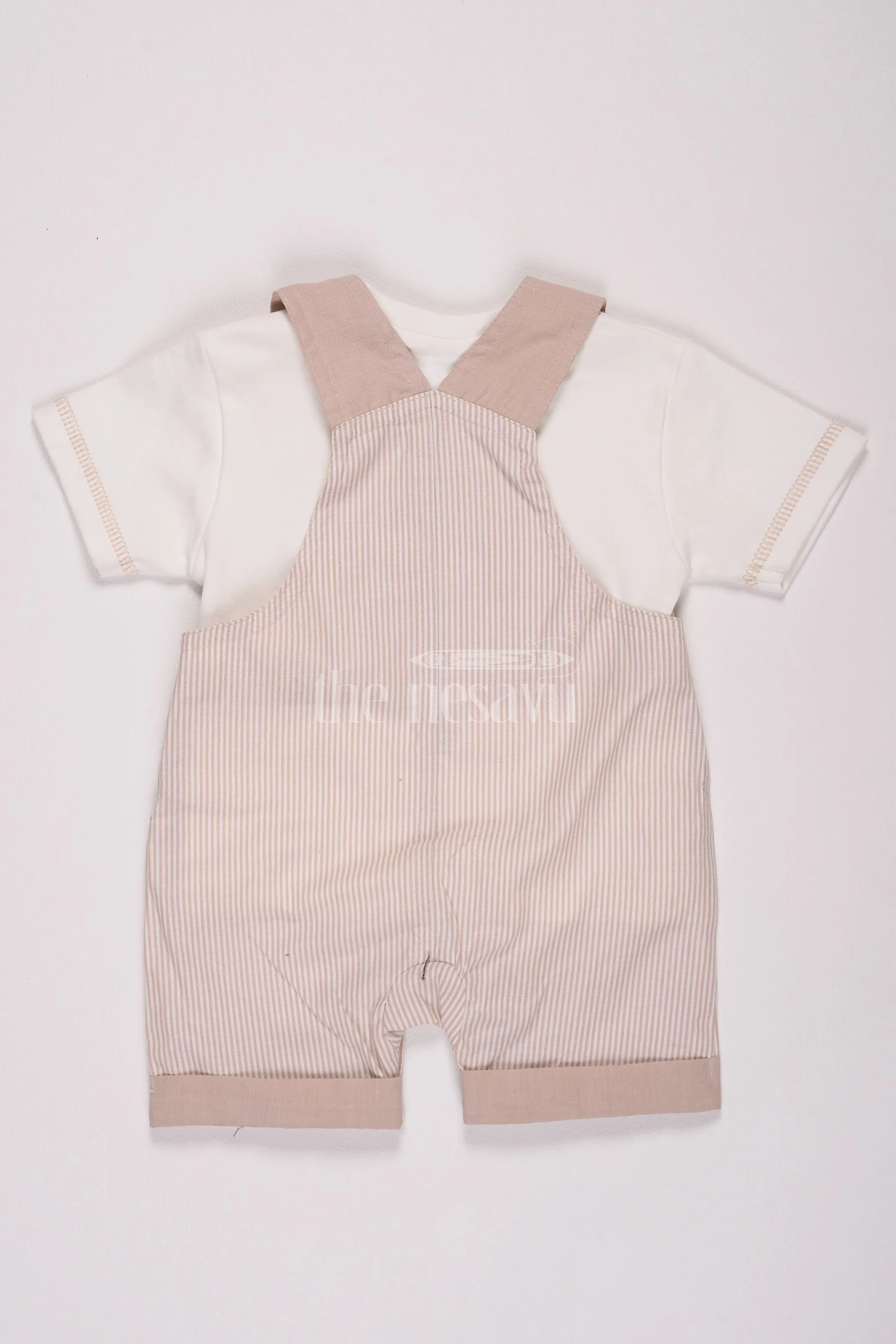 Beige Boys Pinstriped Romper with Sea Theme