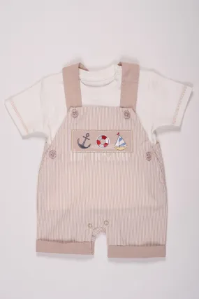 Beige Boys Pinstriped Romper with Sea Theme