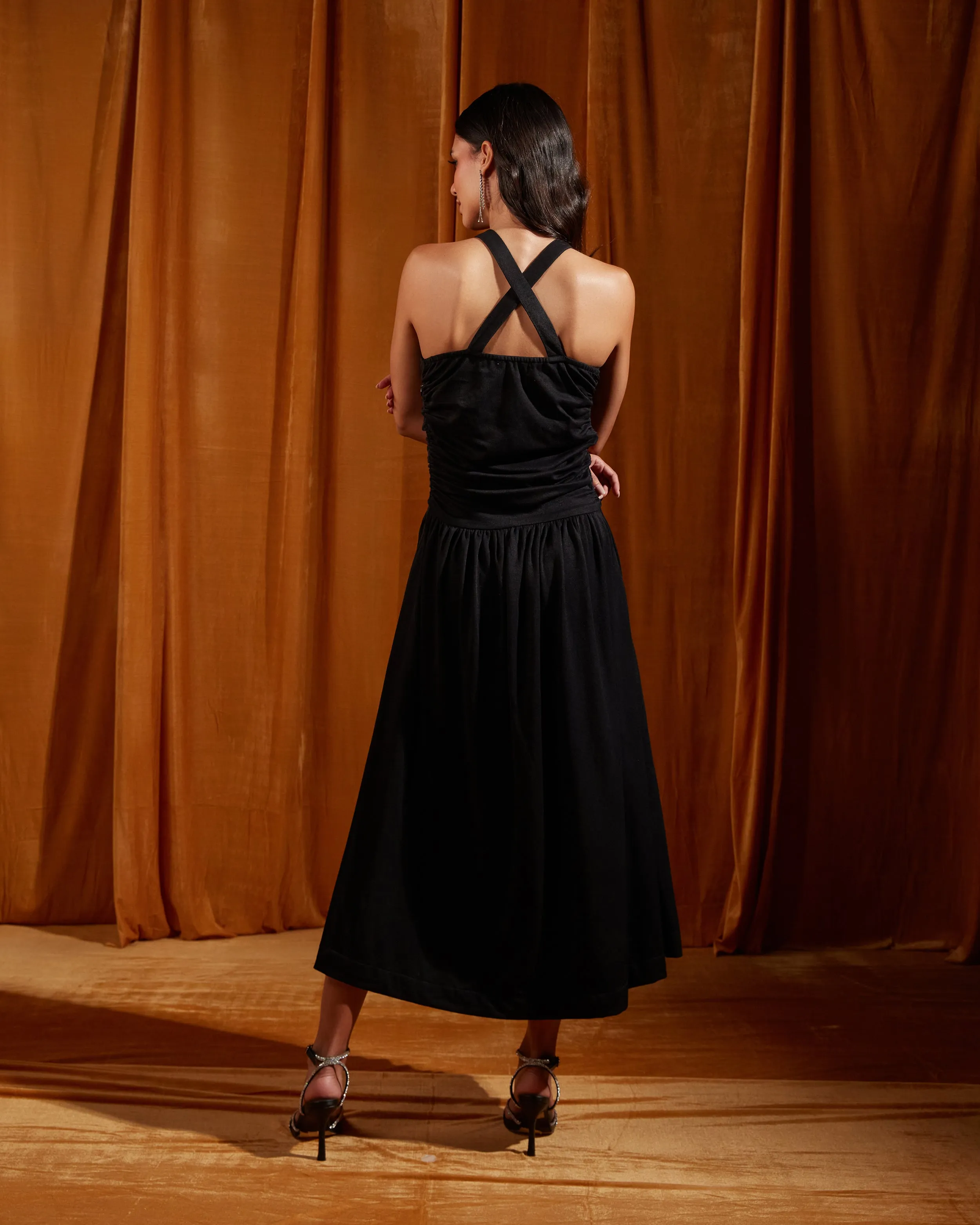 Black Ruched Cross Strapped Midi Dress