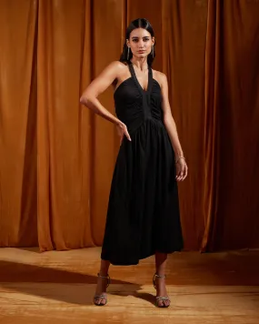 Black Ruched Cross Strapped Midi Dress