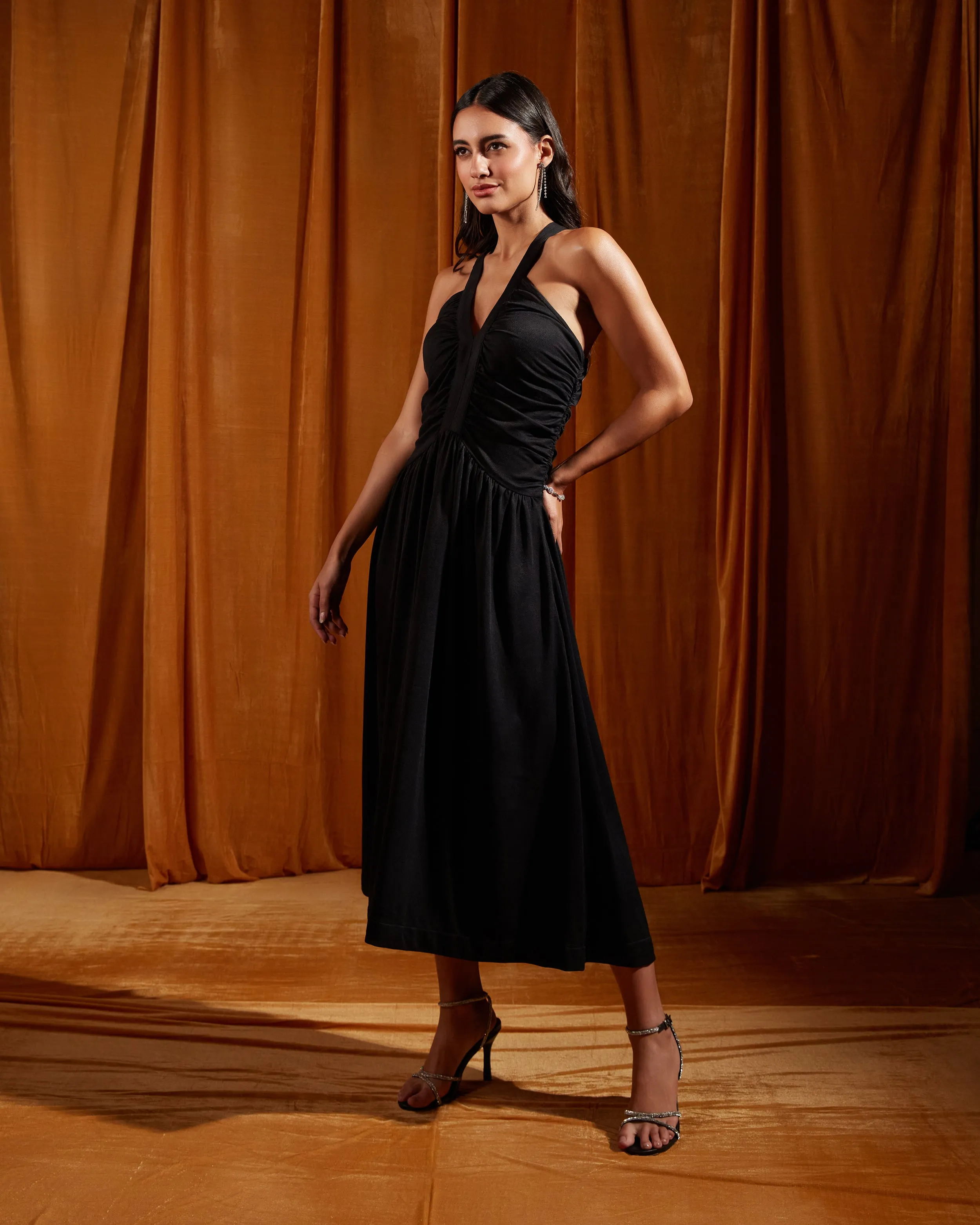 Black Ruched Cross Strapped Midi Dress