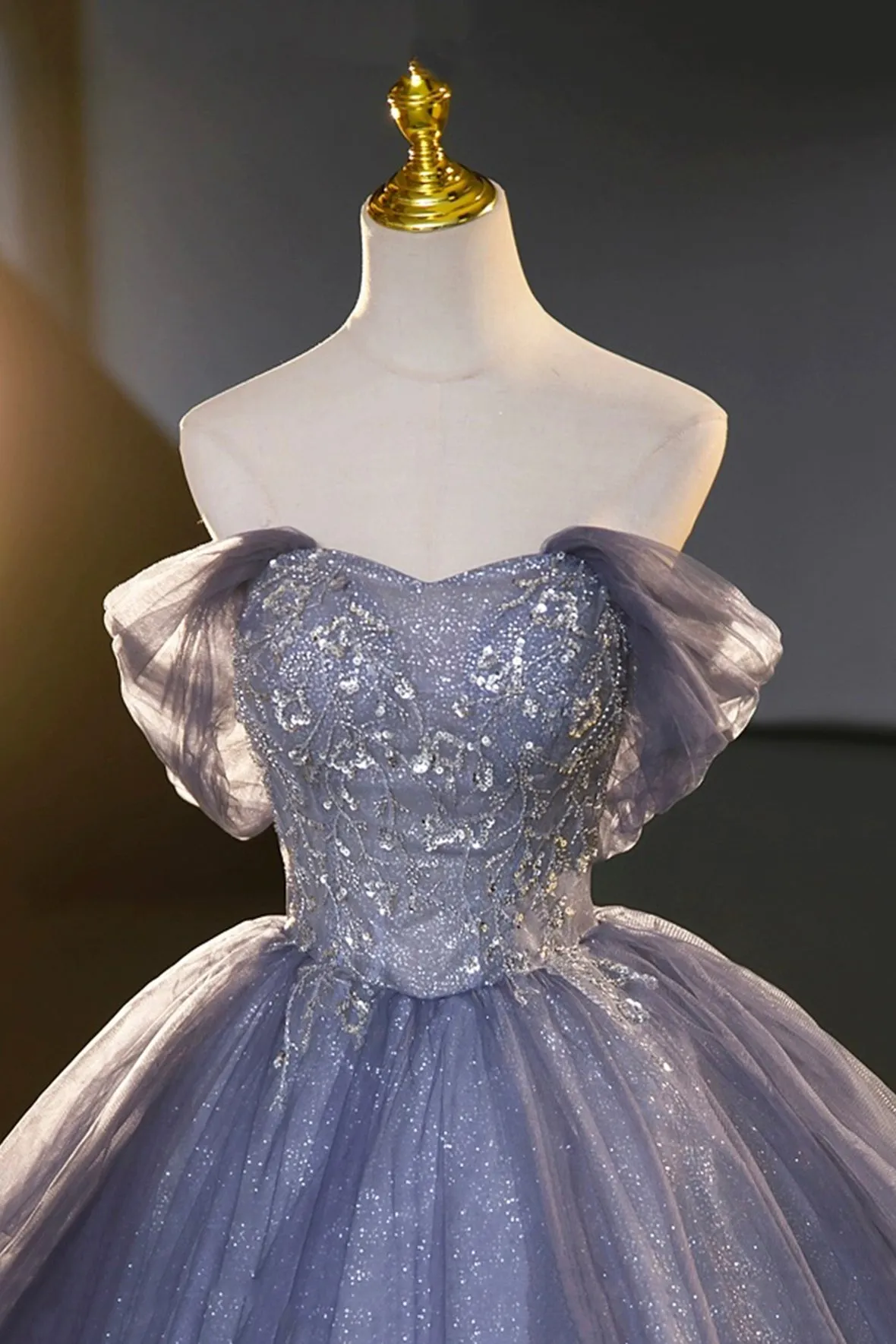 Blue Tulle Sequins Long Prom Dress, A-Line Off the Shoulder Party Dress