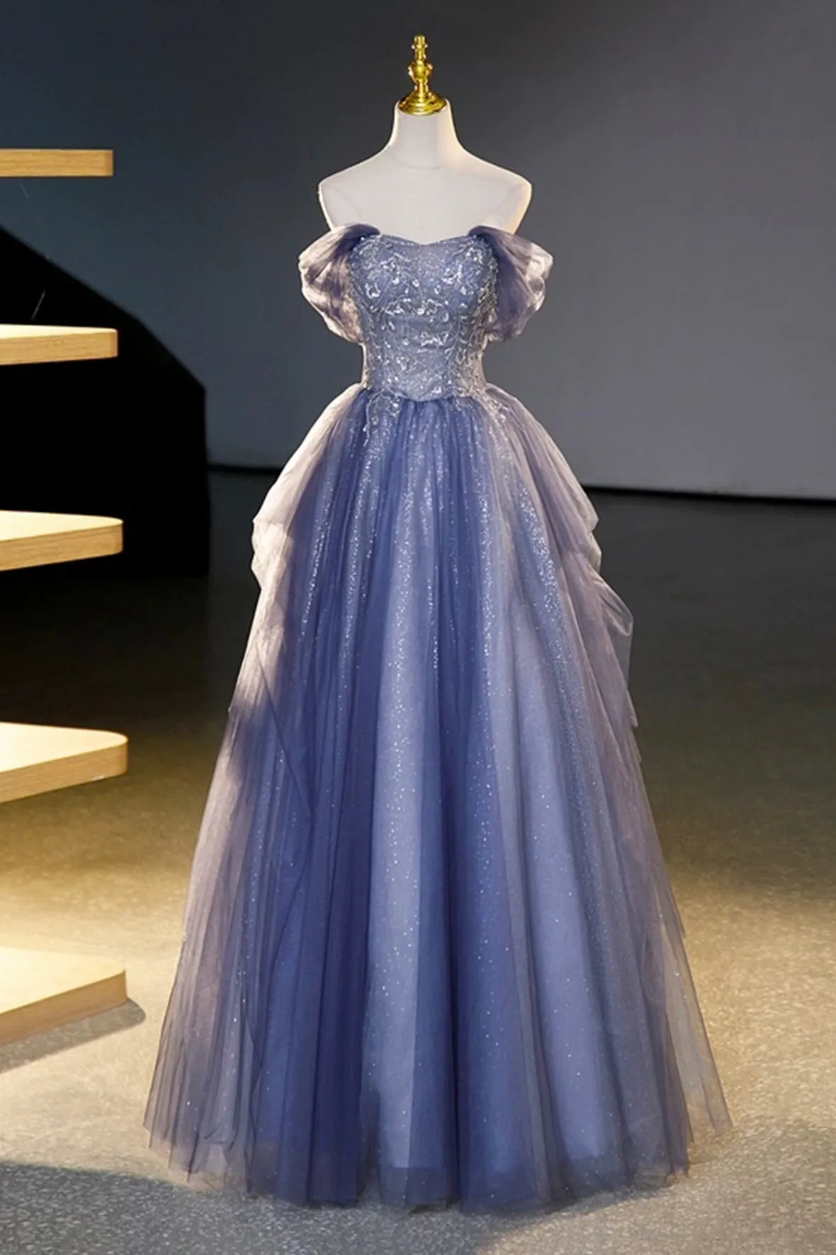 Blue Tulle Sequins Long Prom Dress, A-Line Off the Shoulder Party Dress