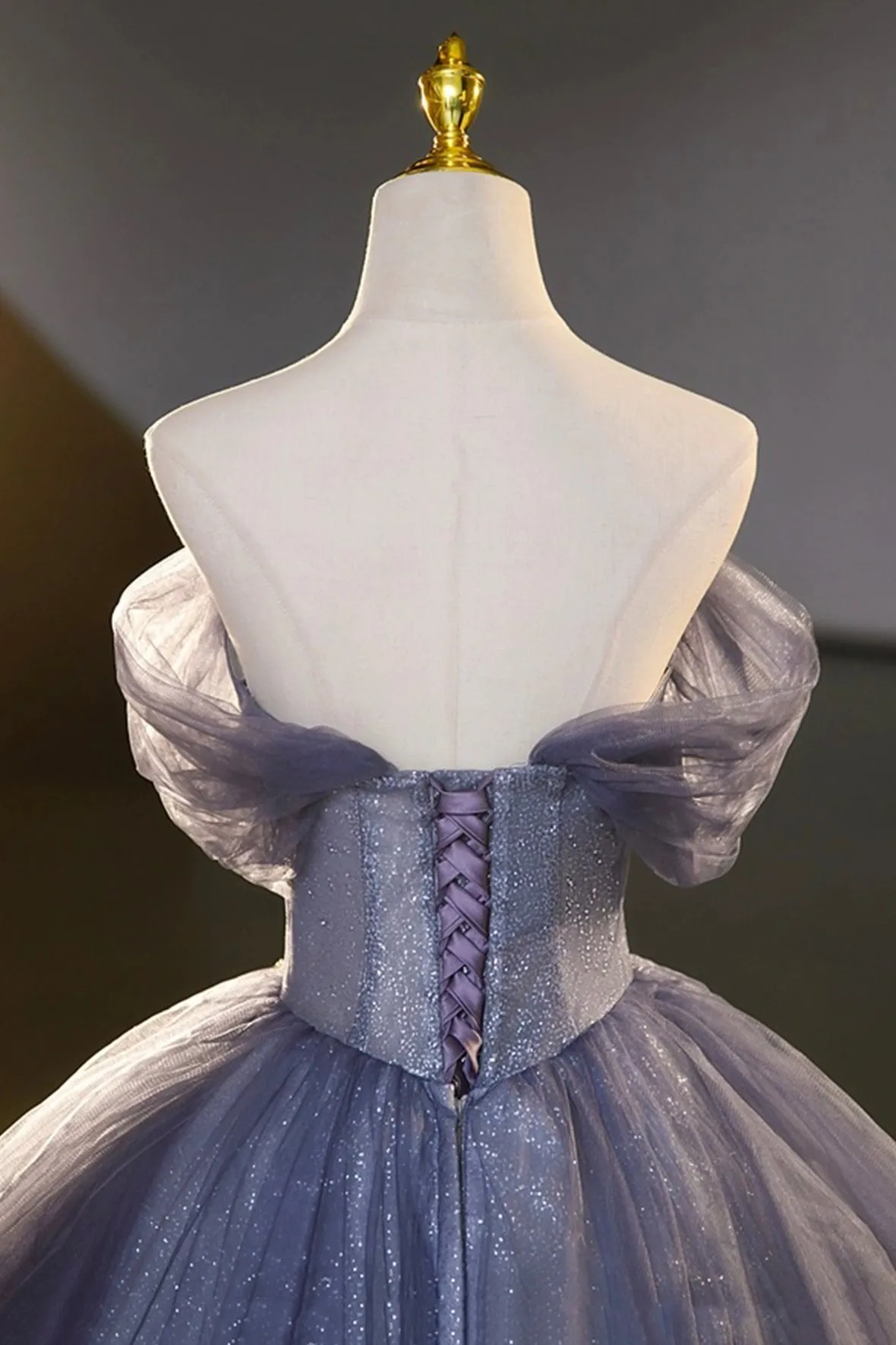 Blue Tulle Sequins Long Prom Dress, A-Line Off the Shoulder Party Dress