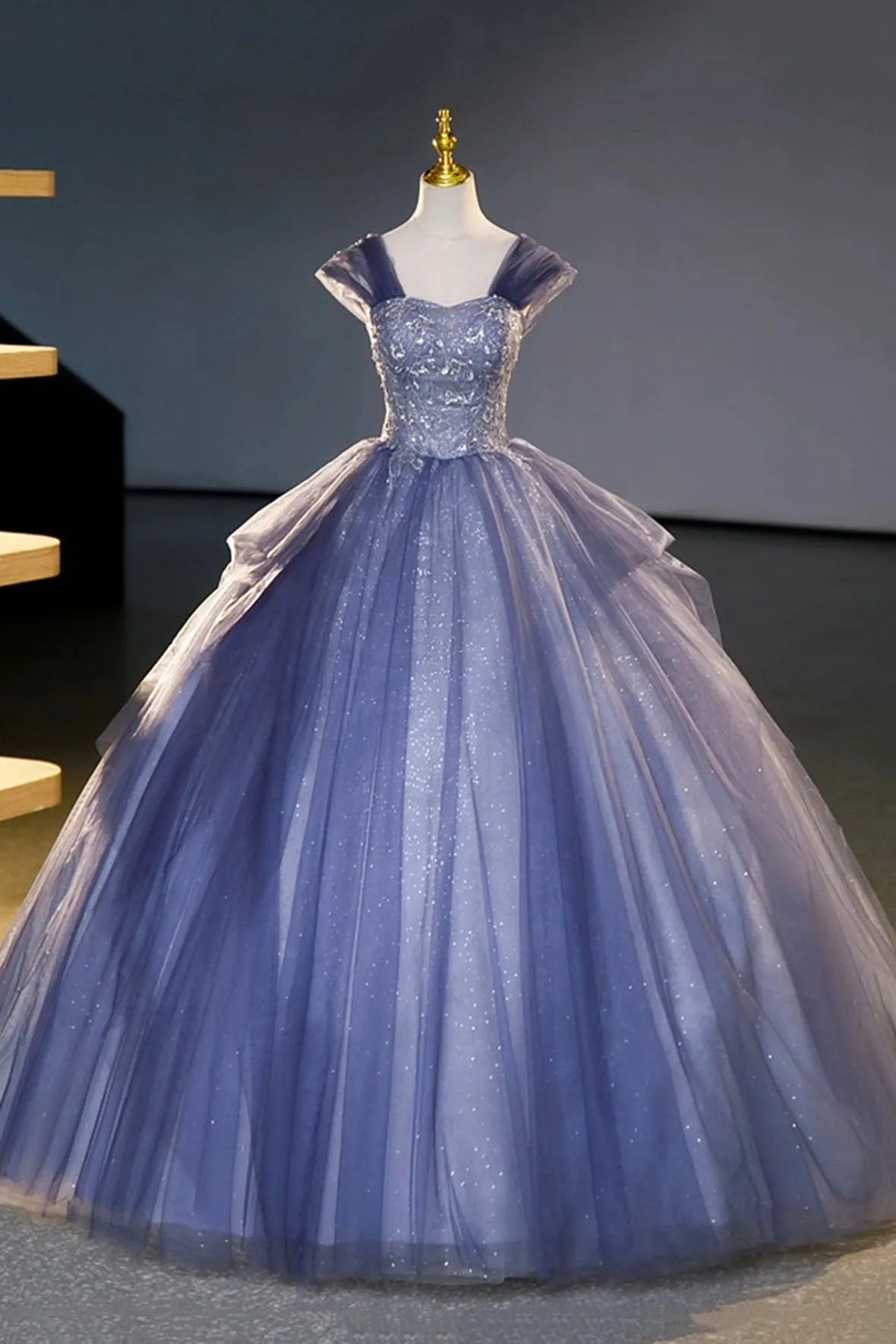 Blue Tulle Sequins Long Prom Dress, A-Line Off the Shoulder Party Dress