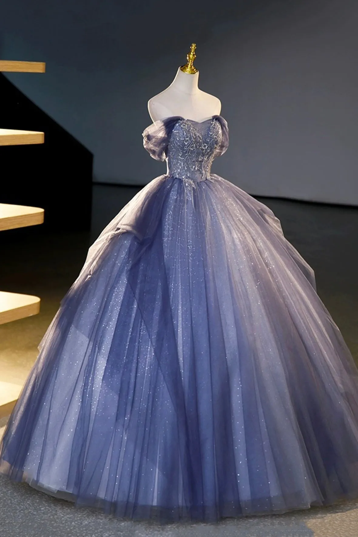 Blue Tulle Sequins Long Prom Dress, A-Line Off the Shoulder Party Dress
