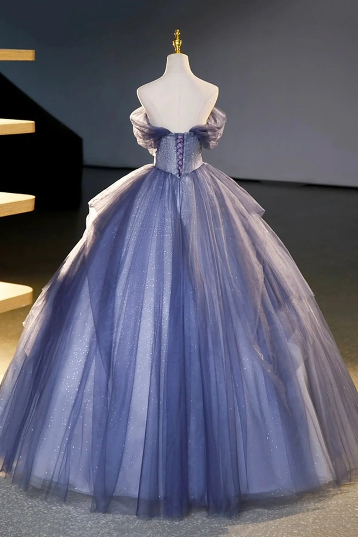 Blue Tulle Sequins Long Prom Dress, A-Line Off the Shoulder Party Dress