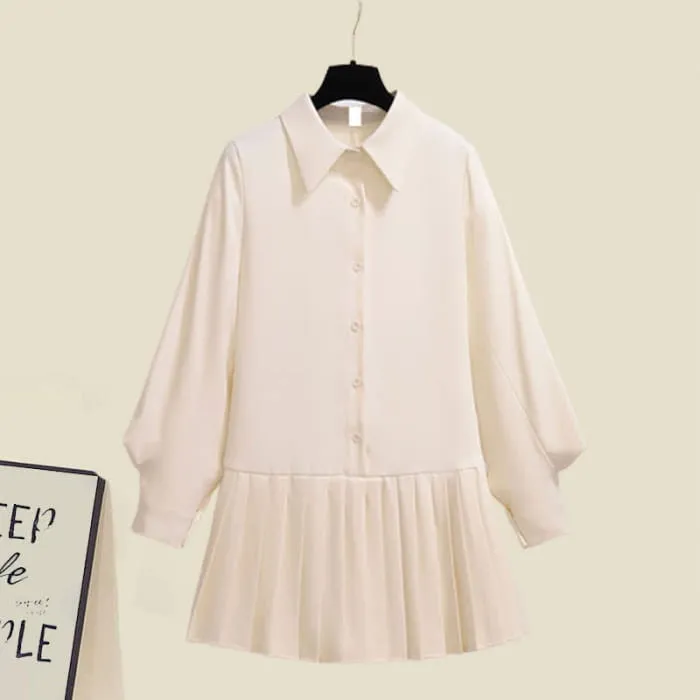Bow Cable Sweater Pleated Shirt Dress Set