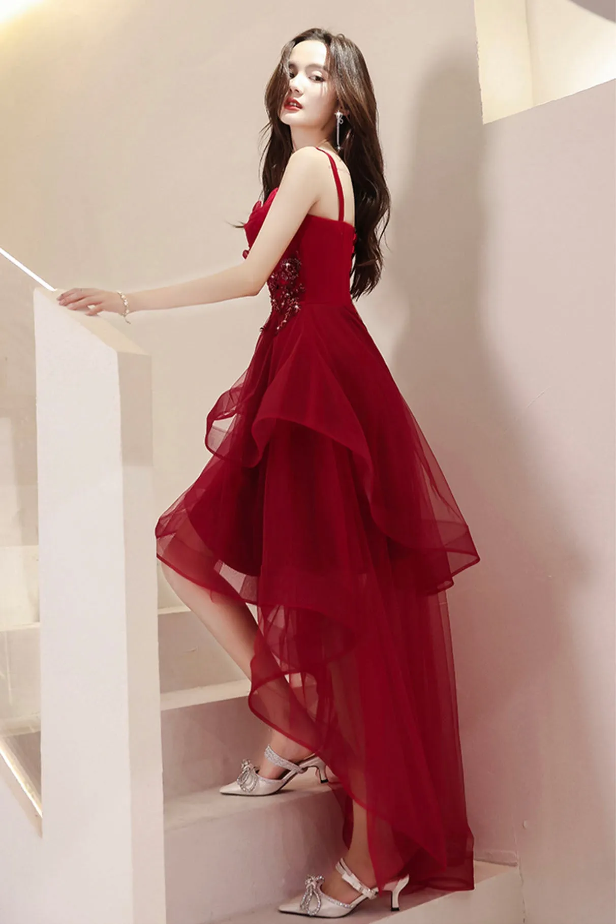Burgundy Spaghetti Strap Lace High Low Prom Dress