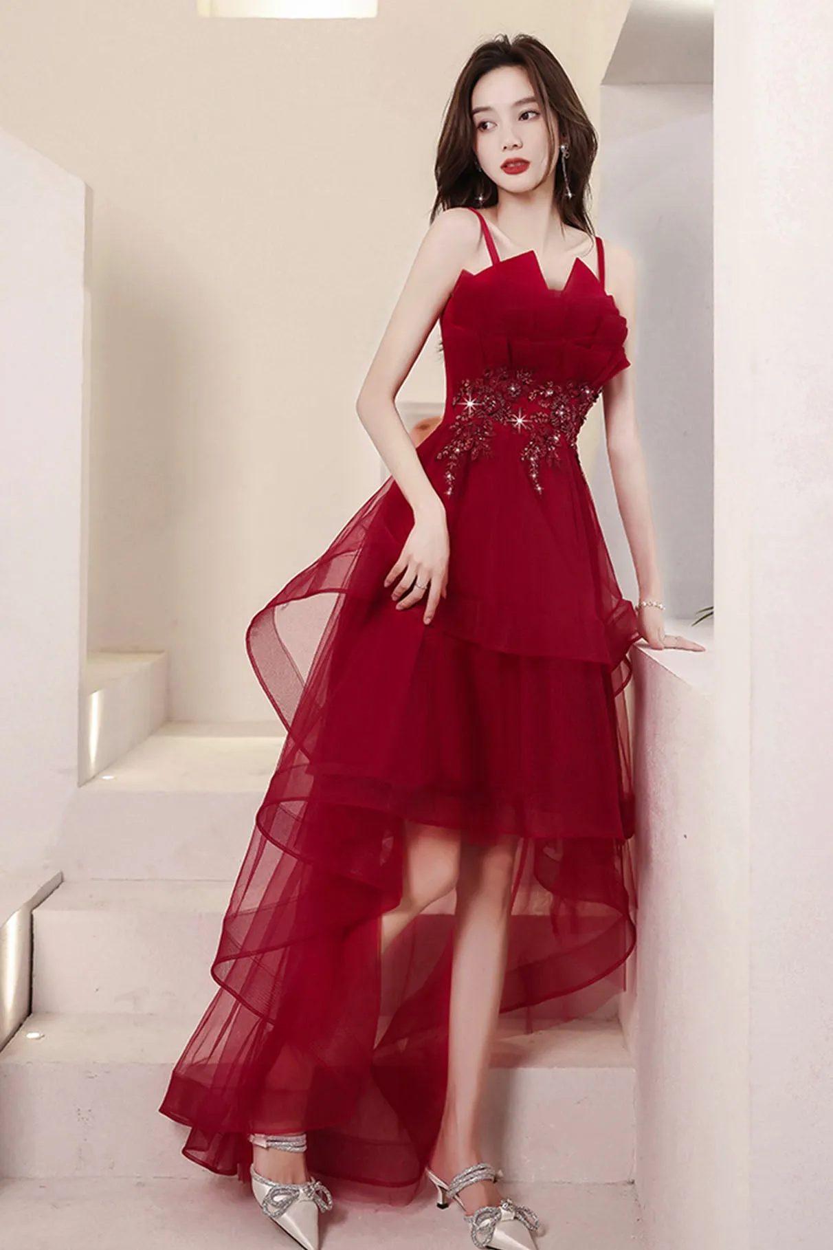 Burgundy Spaghetti Strap Lace High Low Prom Dress