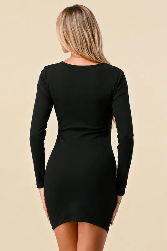 Cut Out Front Rib Long Sleeve Midi Dress