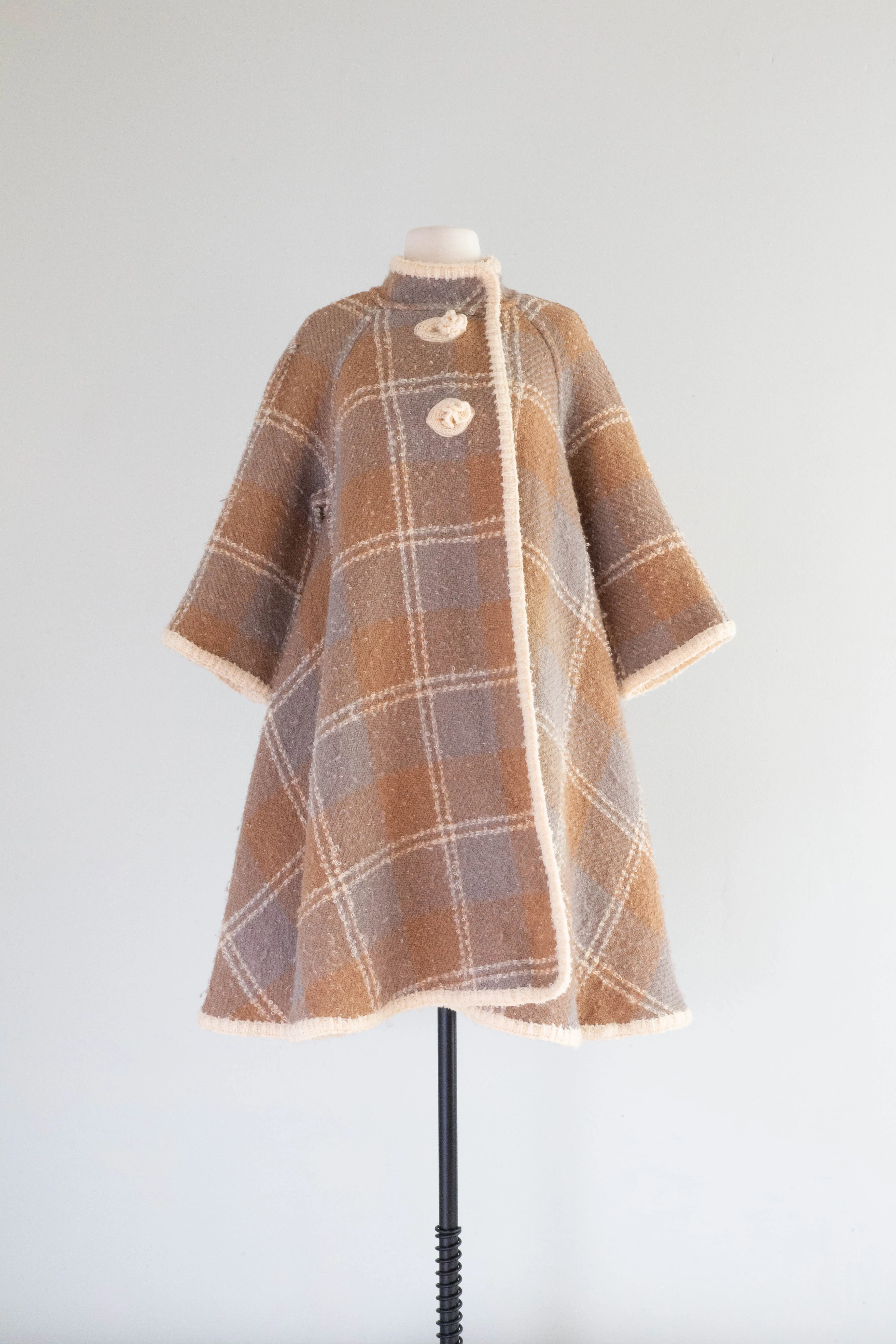 Fabulous 1960's Wool Boucle Reversible Plaid Trapeze Coat / M