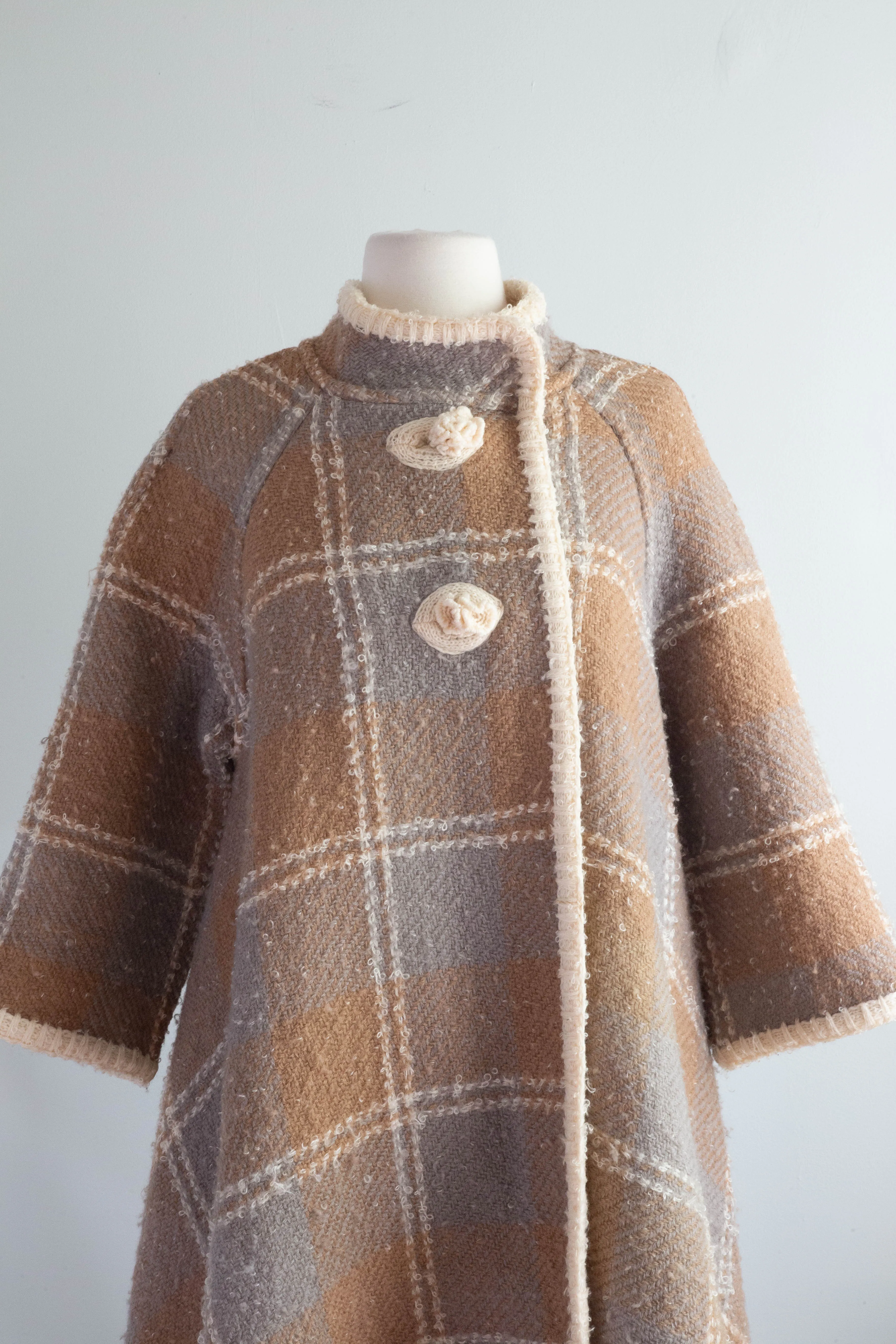 Fabulous 1960's Wool Boucle Reversible Plaid Trapeze Coat / M