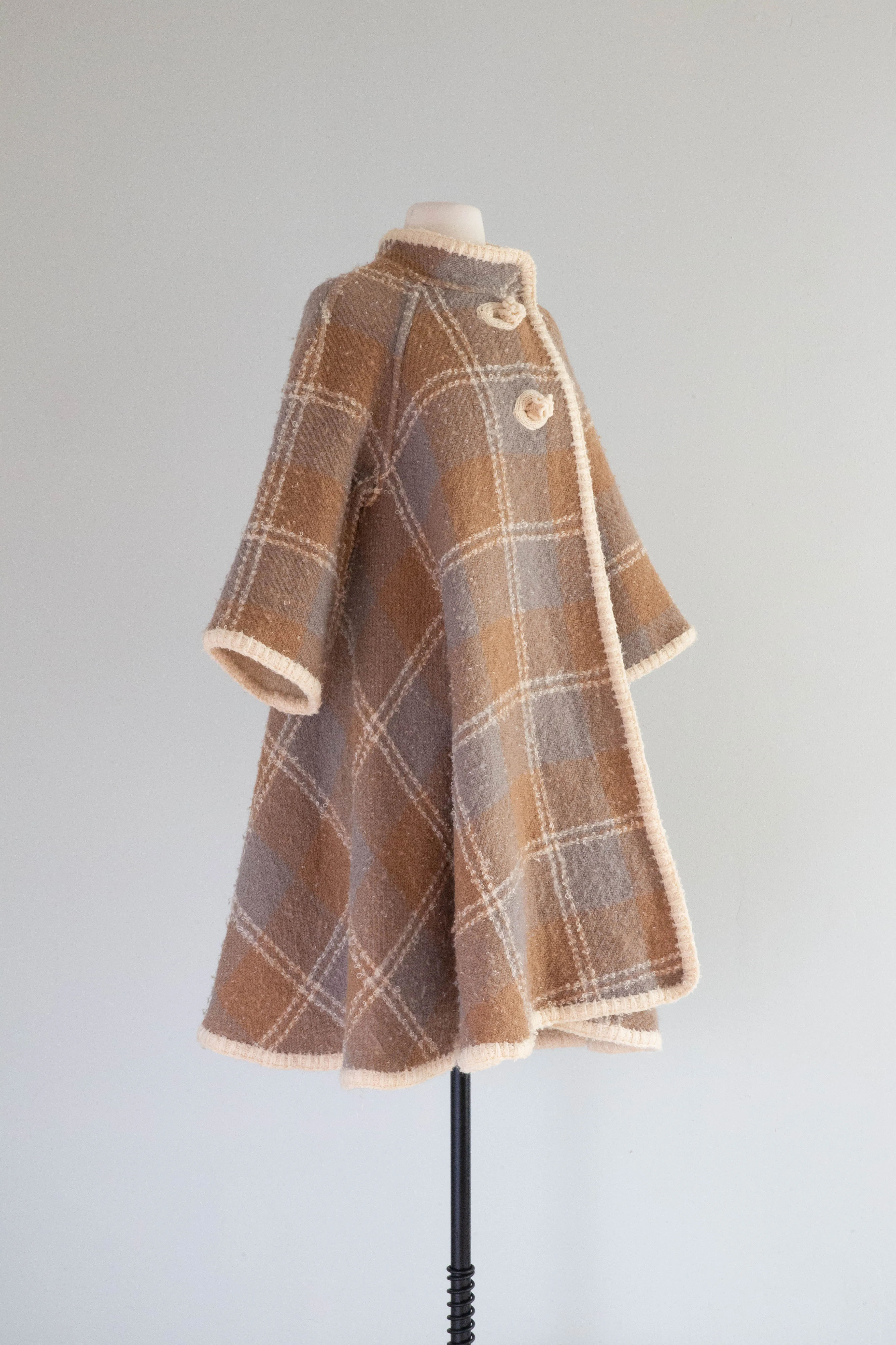 Fabulous 1960's Wool Boucle Reversible Plaid Trapeze Coat / M