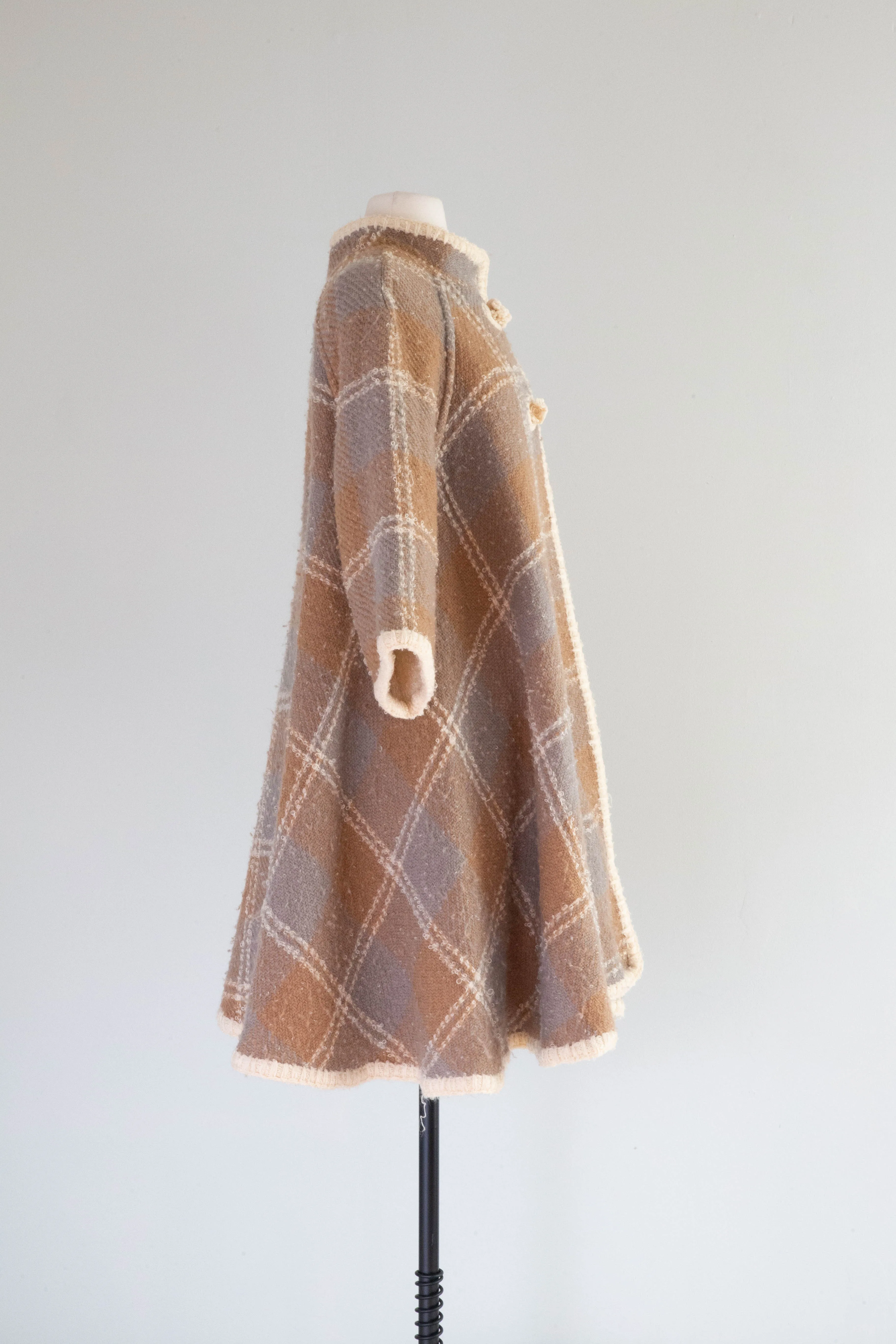 Fabulous 1960's Wool Boucle Reversible Plaid Trapeze Coat / M