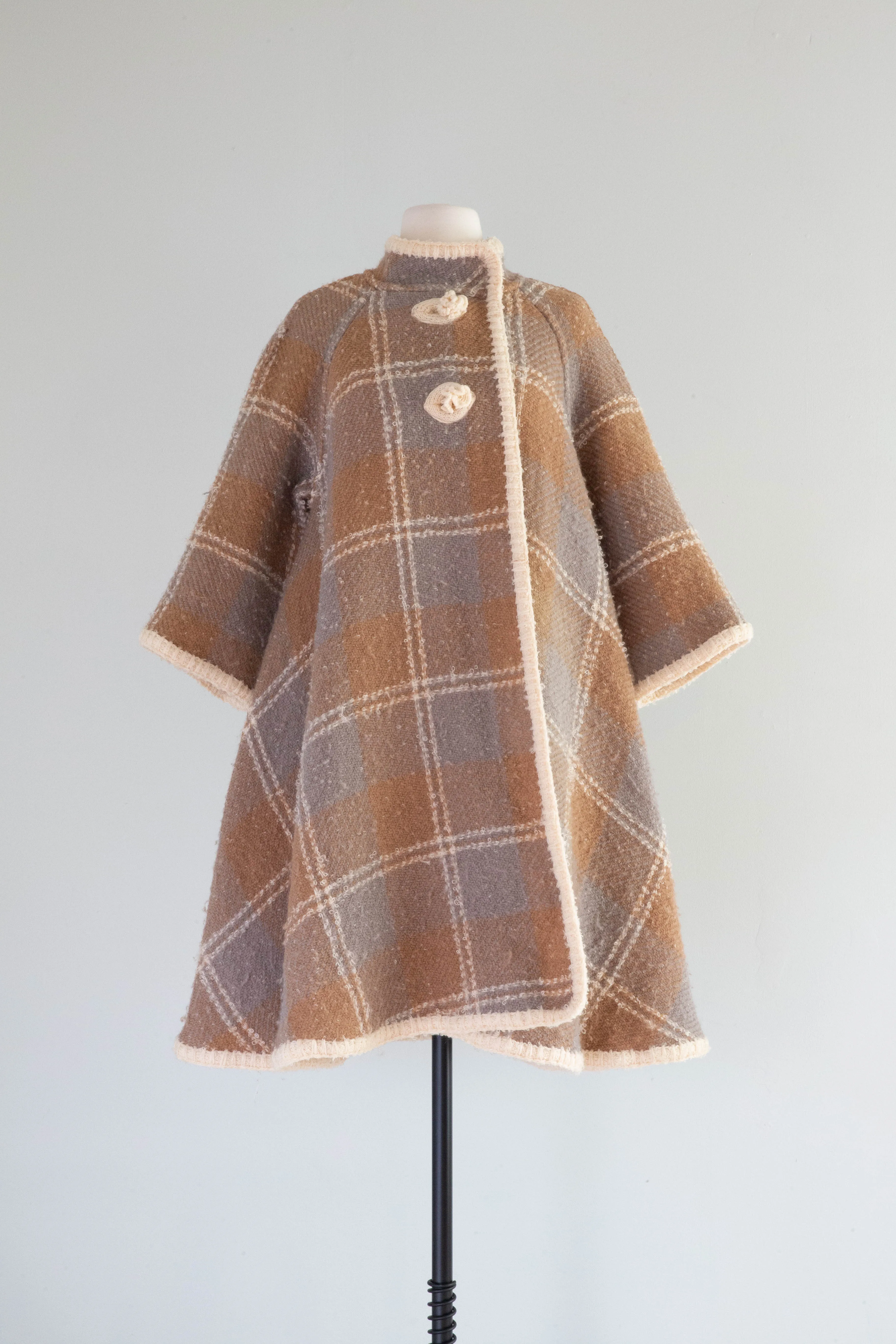Fabulous 1960's Wool Boucle Reversible Plaid Trapeze Coat / M