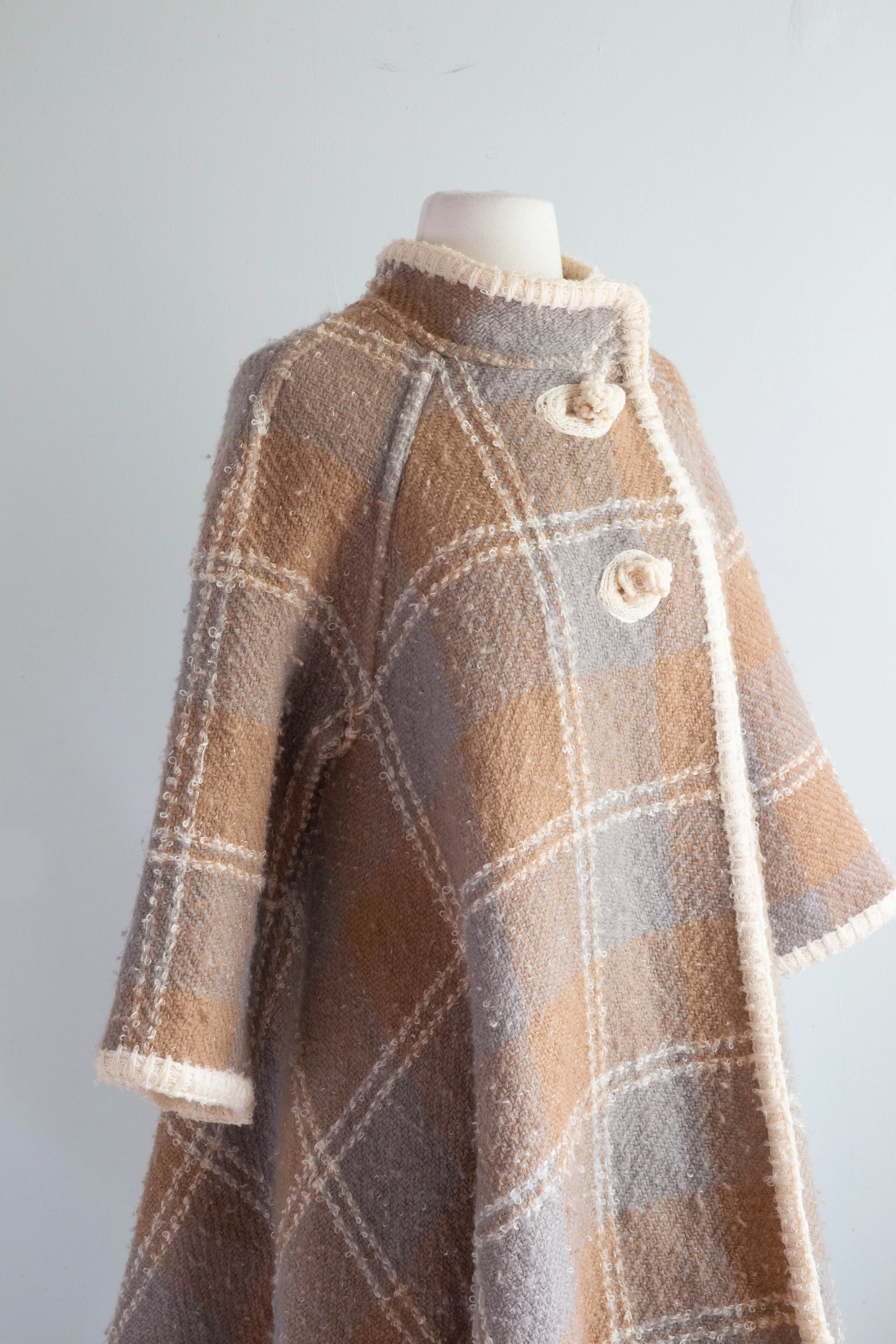 Fabulous 1960's Wool Boucle Reversible Plaid Trapeze Coat / M