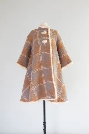 Fabulous 1960's Wool Boucle Reversible Plaid Trapeze Coat / M