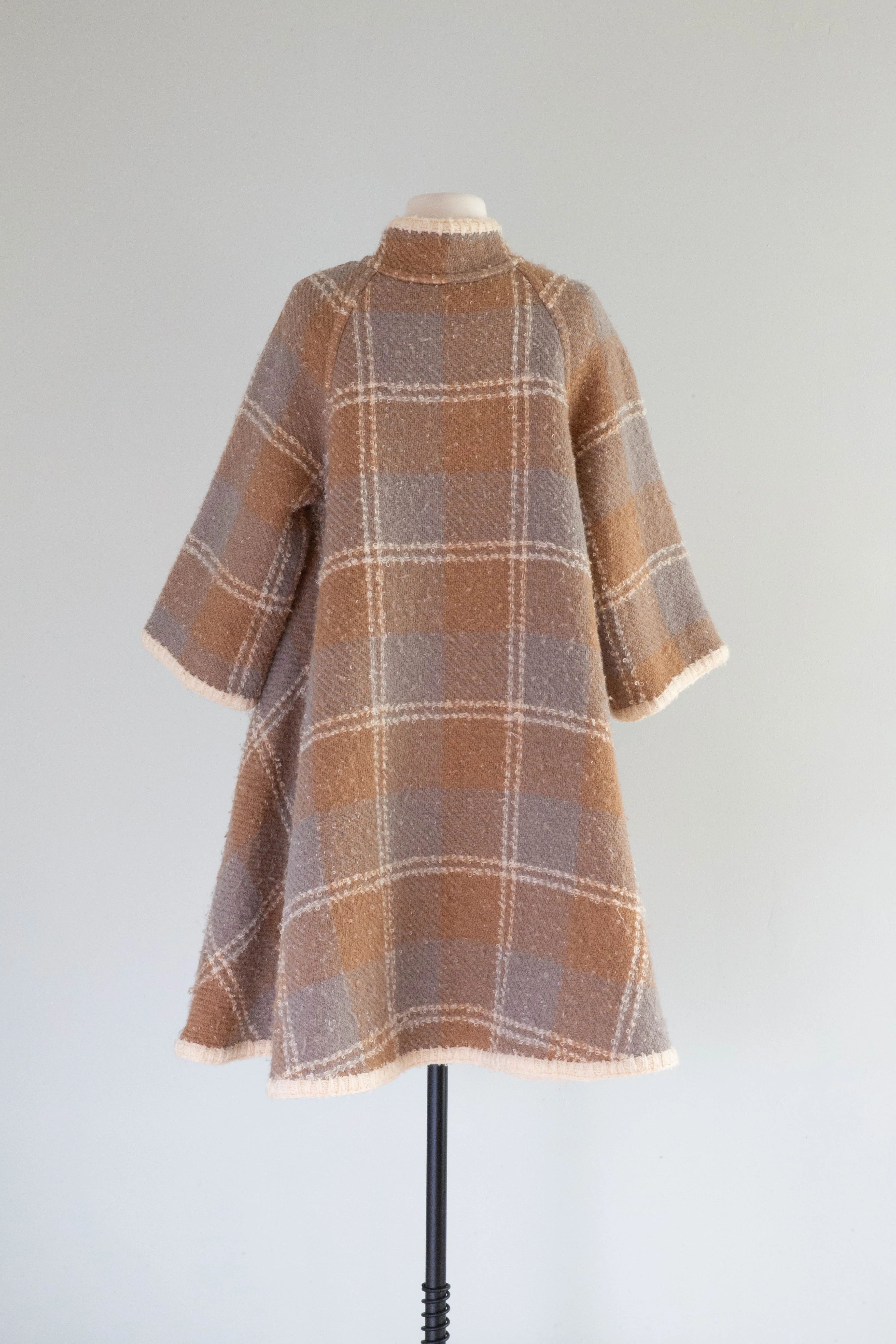 Fabulous 1960's Wool Boucle Reversible Plaid Trapeze Coat / M