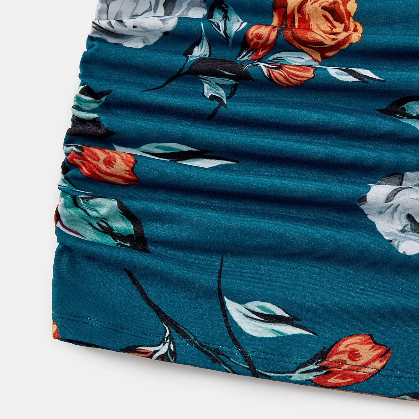 Family Matching Allover Floral Print Drawstring Ruched Bodycon Cami Dresses and Short-sleeve Spliced T-shirts Sets