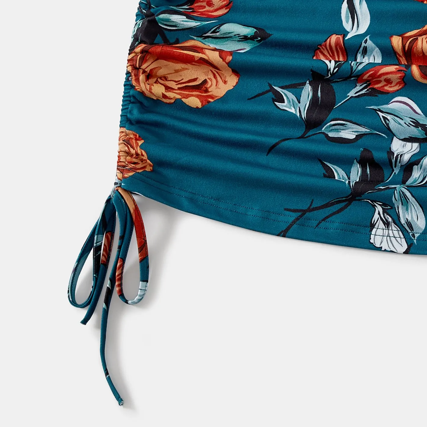 Family Matching Allover Floral Print Drawstring Ruched Bodycon Cami Dresses and Short-sleeve Spliced T-shirts Sets