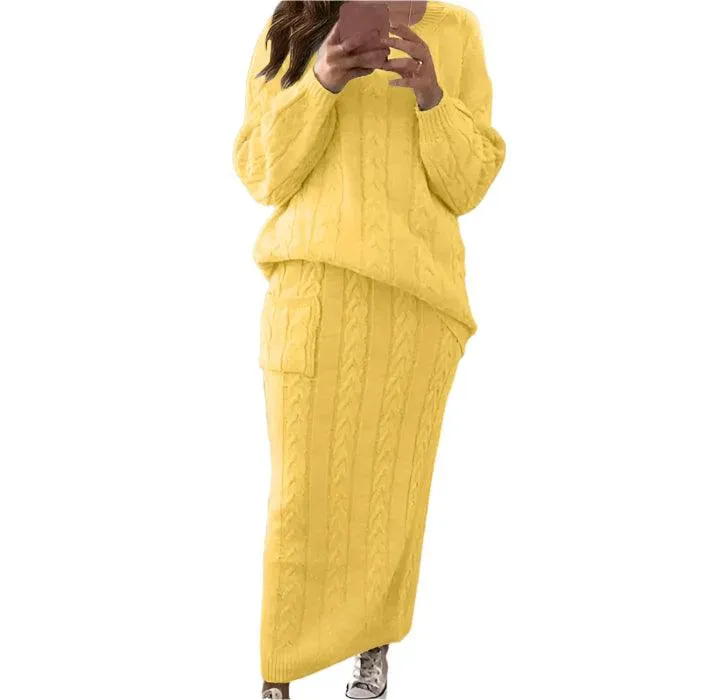 Fashion Long Sleeve Knit Sweater and Skirt Set -Autumn/Winter Streetwear Pullover