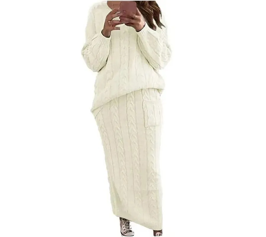 Fashion Long Sleeve Knit Sweater and Skirt Set -Autumn/Winter Streetwear Pullover