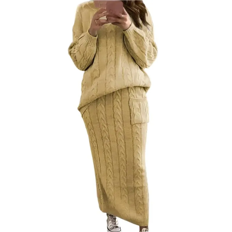 Fashion Long Sleeve Knit Sweater and Skirt Set -Autumn/Winter Streetwear Pullover