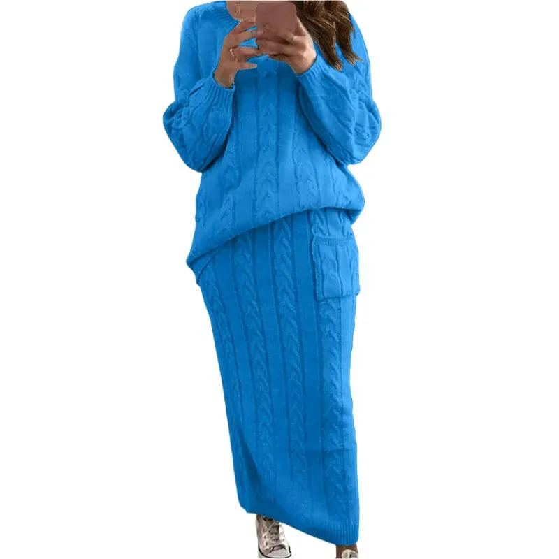 Fashion Long Sleeve Knit Sweater and Skirt Set -Autumn/Winter Streetwear Pullover
