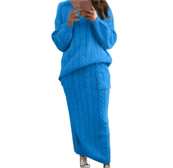 Fashion Long Sleeve Knit Sweater and Skirt Set -Autumn/Winter Streetwear Pullover