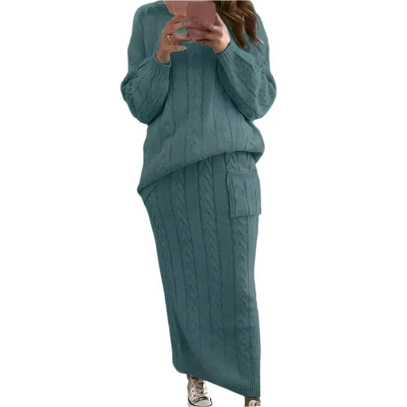 Fashion Long Sleeve Knit Sweater and Skirt Set -Autumn/Winter Streetwear Pullover