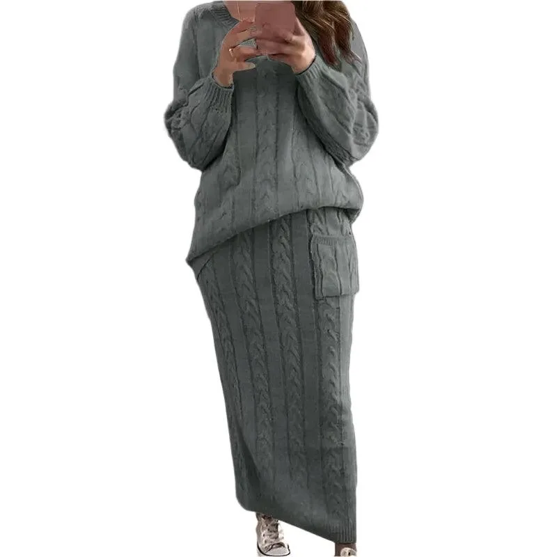 Fashion Long Sleeve Knit Sweater and Skirt Set -Autumn/Winter Streetwear Pullover