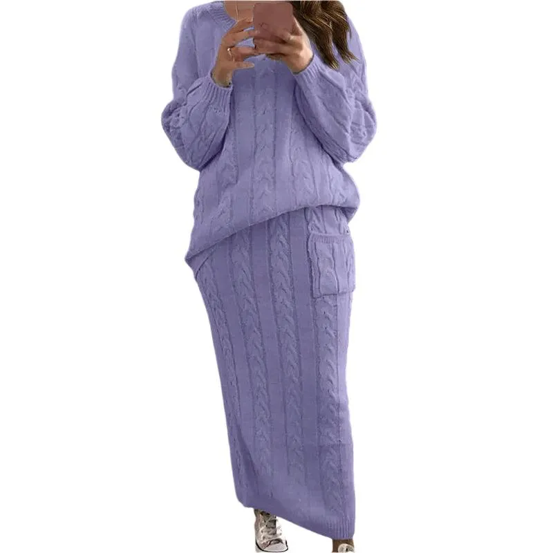 Fashion Long Sleeve Knit Sweater and Skirt Set -Autumn/Winter Streetwear Pullover
