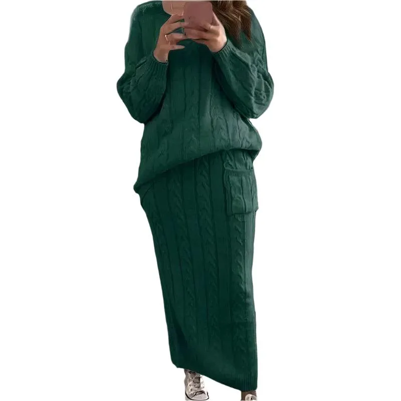 Fashion Long Sleeve Knit Sweater and Skirt Set -Autumn/Winter Streetwear Pullover