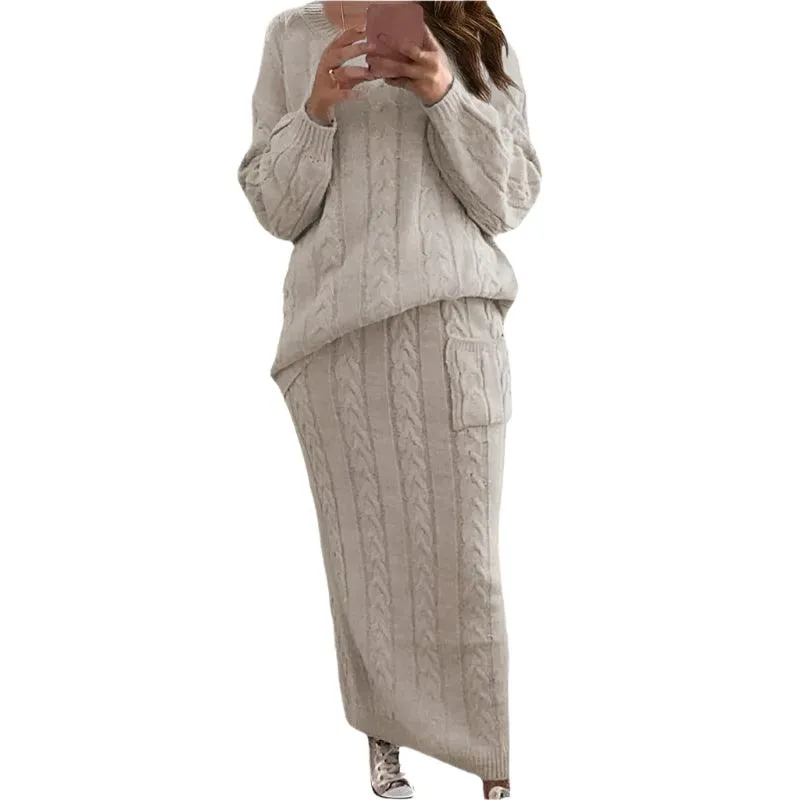 Fashion Long Sleeve Knit Sweater and Skirt Set -Autumn/Winter Streetwear Pullover