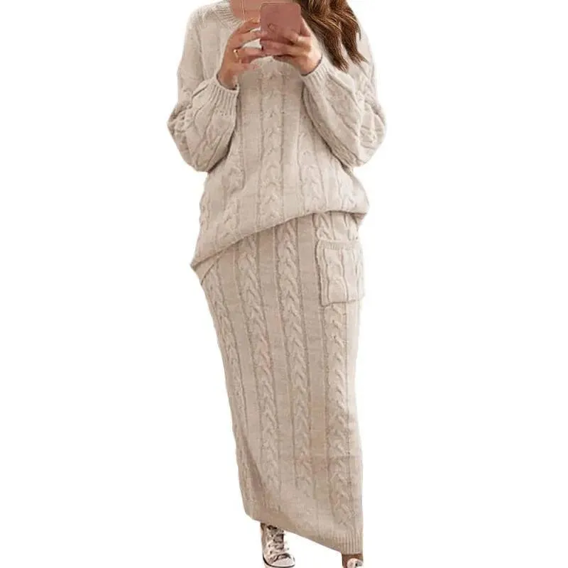 Fashion Long Sleeve Knit Sweater and Skirt Set -Autumn/Winter Streetwear Pullover