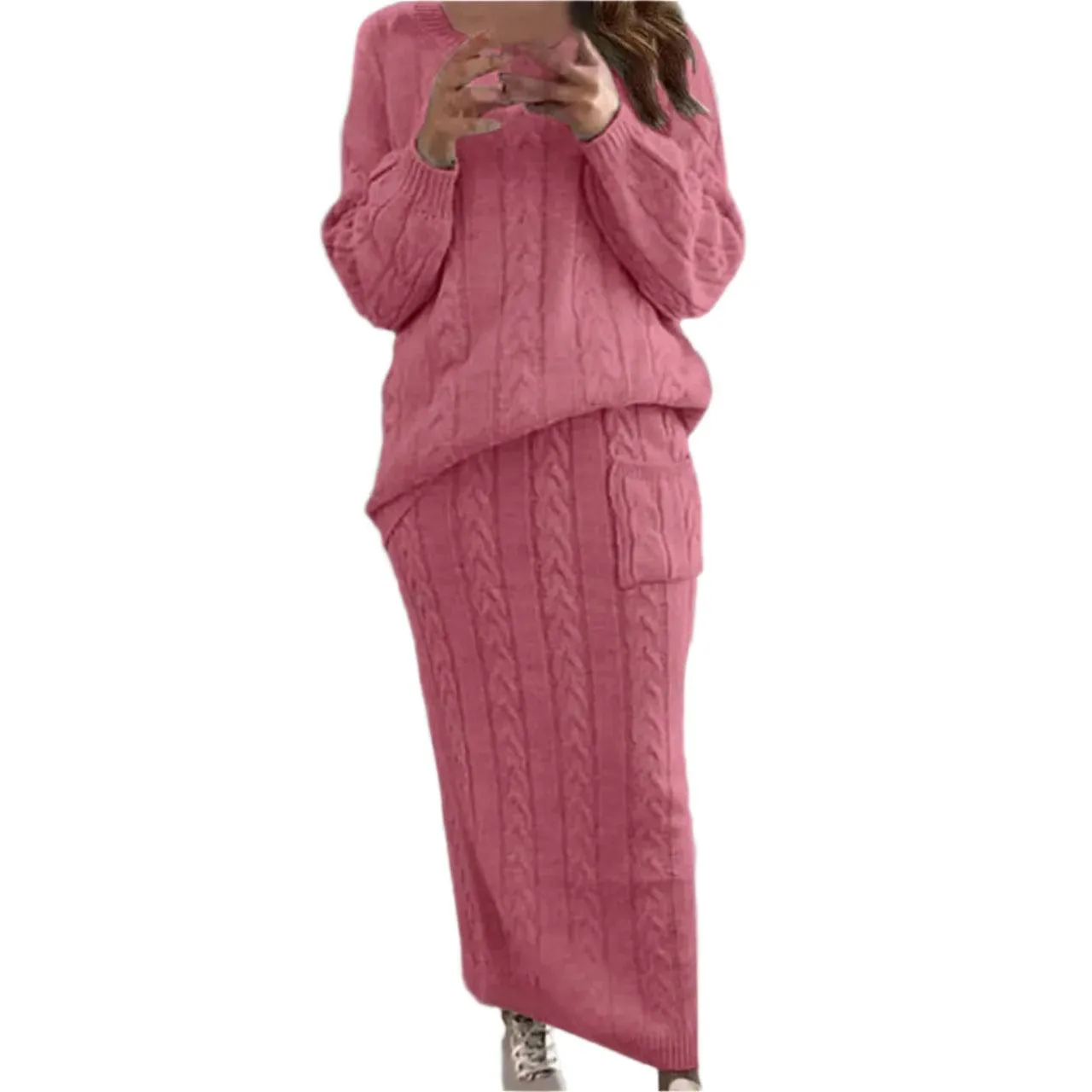 Fashion Long Sleeve Knit Sweater and Skirt Set -Autumn/Winter Streetwear Pullover