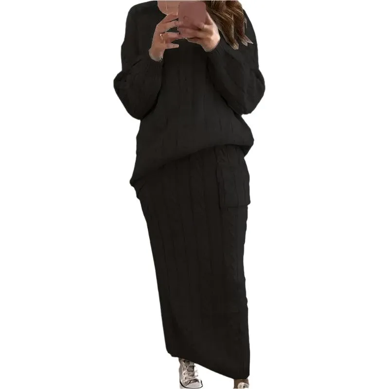 Fashion Long Sleeve Knit Sweater and Skirt Set -Autumn/Winter Streetwear Pullover