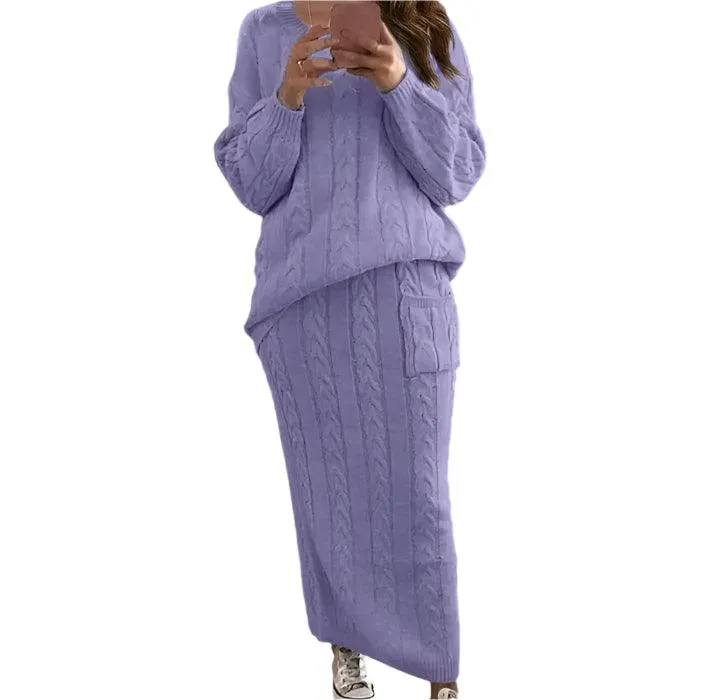Fashion Long Sleeve Knit Sweater and Skirt Set -Autumn/Winter Streetwear Pullover
