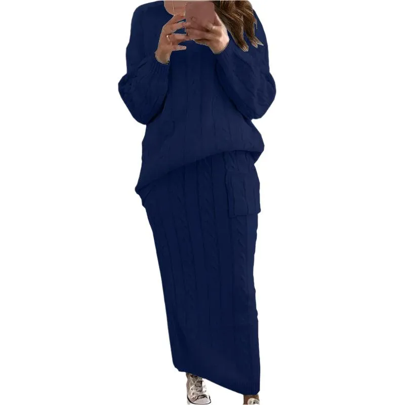 Fashion Long Sleeve Knit Sweater and Skirt Set -Autumn/Winter Streetwear Pullover