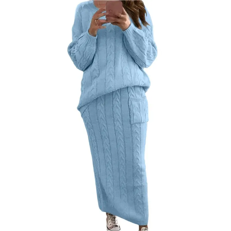 Fashion Long Sleeve Knit Sweater and Skirt Set -Autumn/Winter Streetwear Pullover