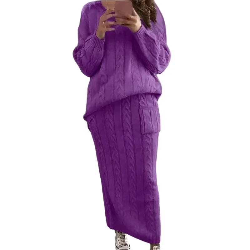 Fashion Long Sleeve Knit Sweater and Skirt Set -Autumn/Winter Streetwear Pullover