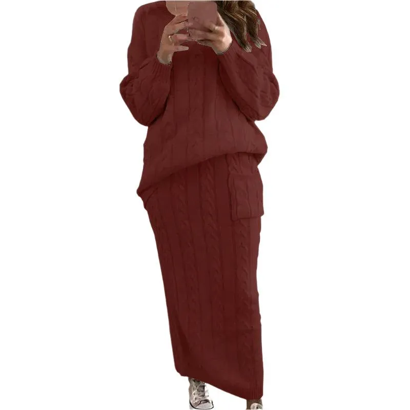 Fashion Long Sleeve Knit Sweater and Skirt Set -Autumn/Winter Streetwear Pullover