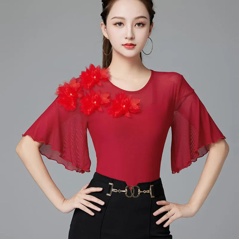Flower Short Sleeve Ballroom/Latin Dance Top